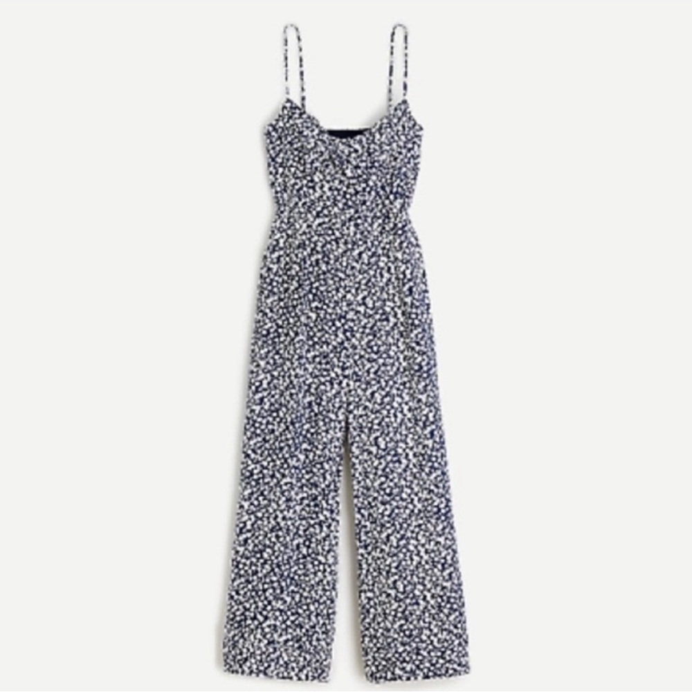 J. Crew Navy and White Tie Front Floral Jumpsuit Size 6 - Picture 1 of 7